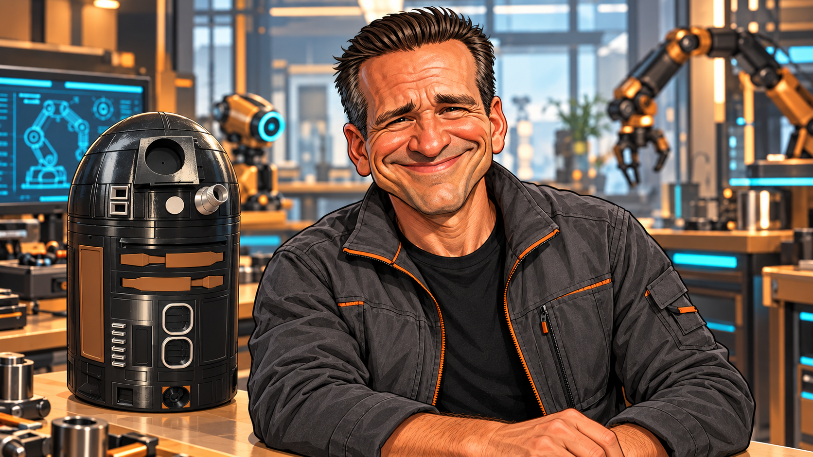 Cartoon Bob beside the black and bronze R2-Q5 droid in a futuristic workshop